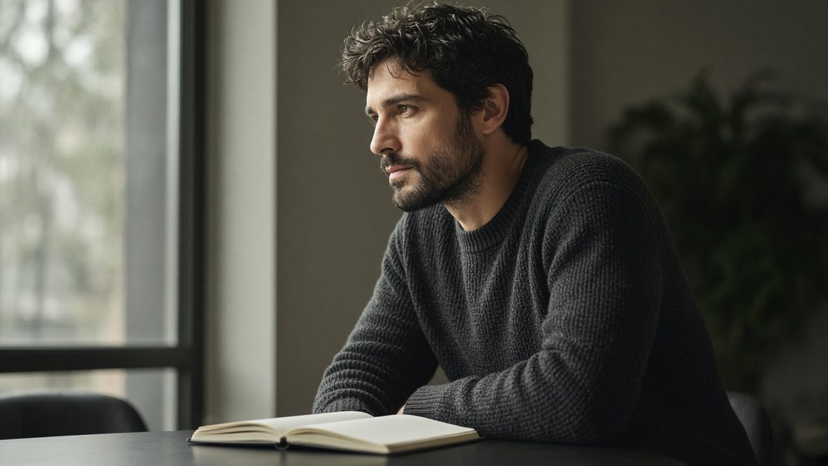 Adult man reflecting by a window with a notebook