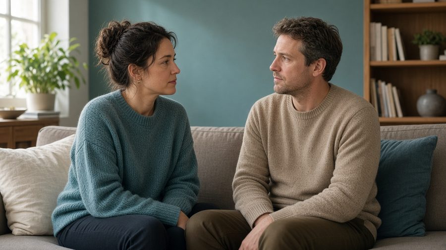 Two adults talking calmly on a sofa